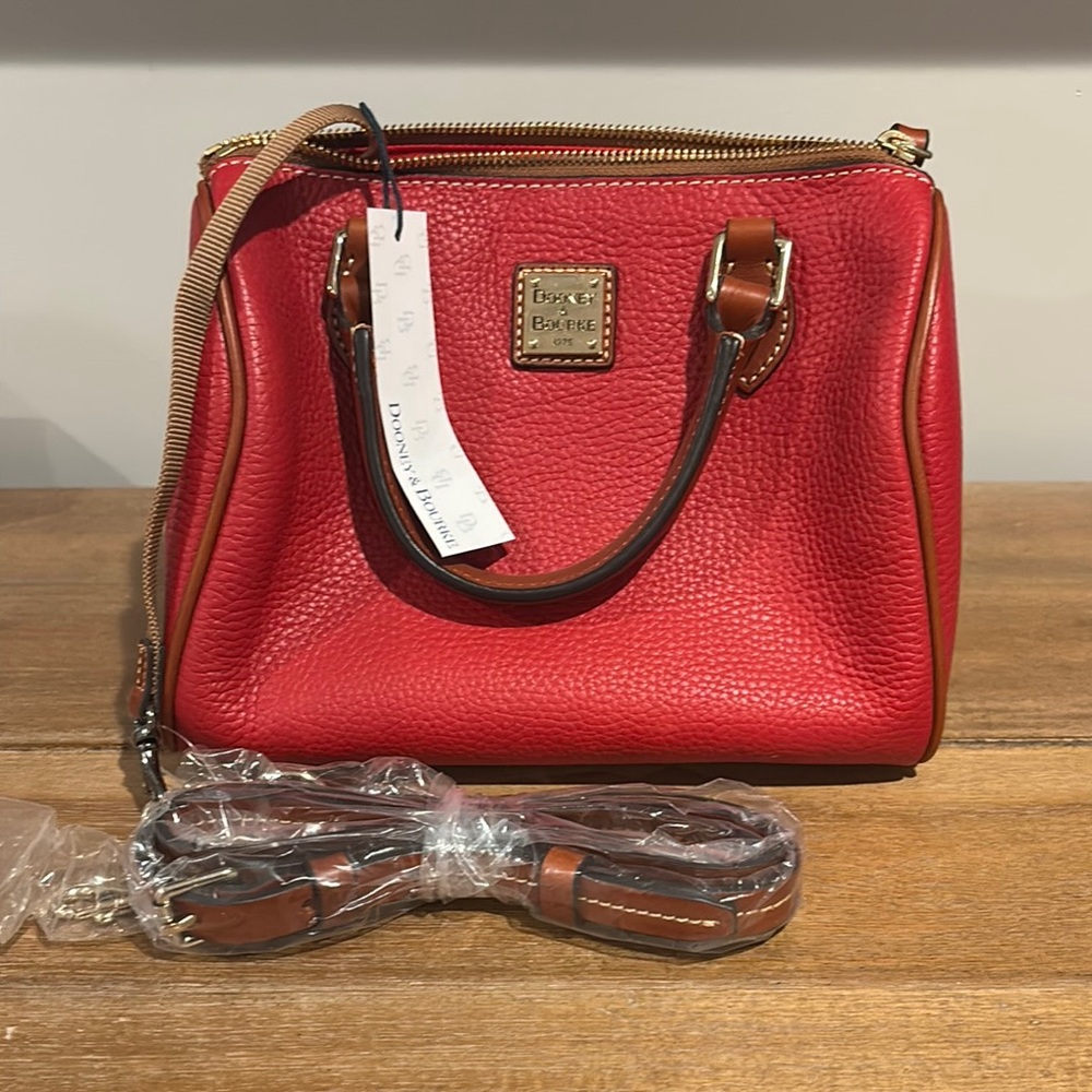 Dooney & Bourke Red and Brown Leather Satchel with Structured Design